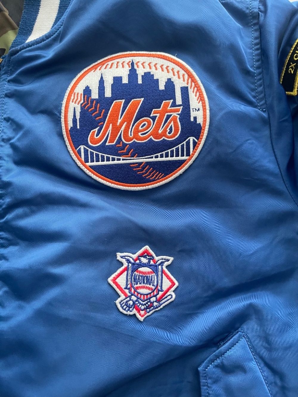 New Era New York Mets MA-1 Bomber Jacket Blue Reversible Camo MLB Full Zip - Picture 15 of 16